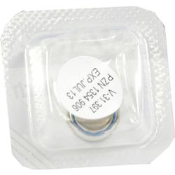 Eine kleine Batterie in einer Plastikverpackung mit aufgeklebtem Etikett.