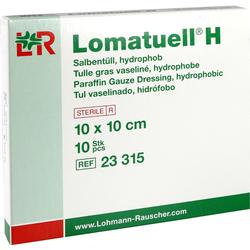 Eine grüne Packung mit 10 Salbentüll-Kompressen der Marke Lomatuel H.