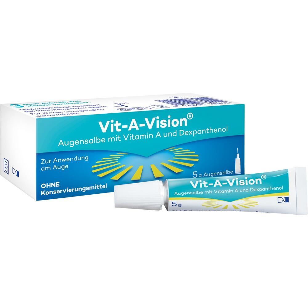 Eine Augensalbe mit Vitamin A und Dexpanthenol vor einer Schachtel.
