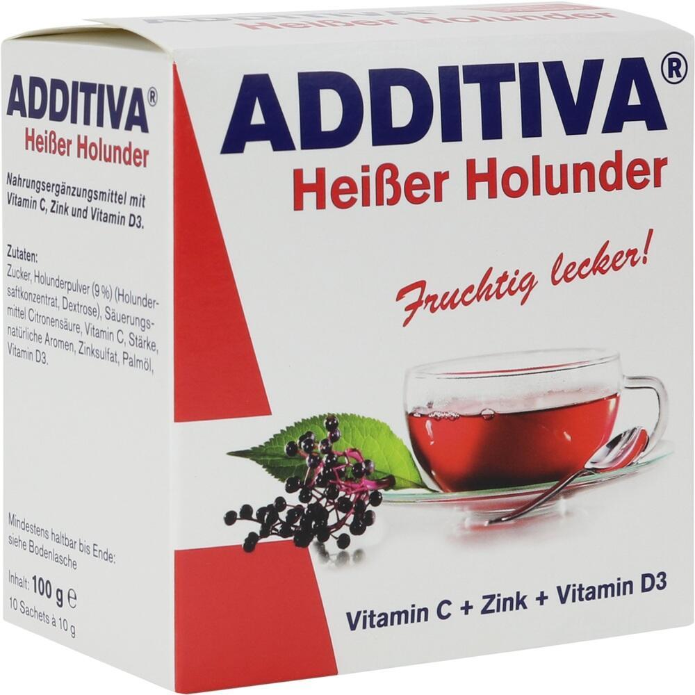 Weiße Packung mit Holundertee, Glas, Löffel und Text über Vitamine.