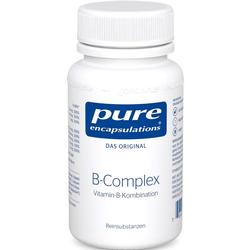 Weiße Vitaminflasche mit blauer Aufschrift "B-Complex Vitamin-B-Kombination".